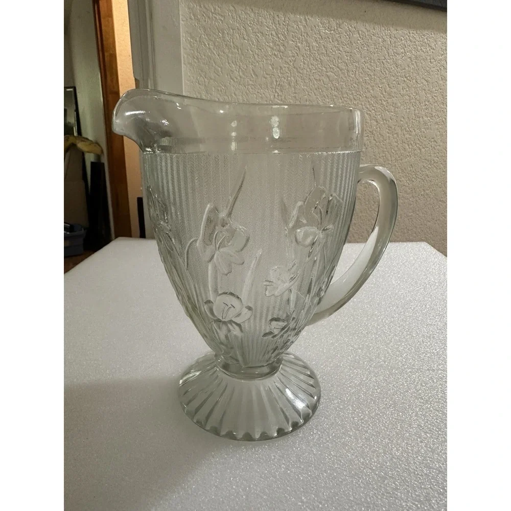 Vtg Clear Depression Glass Jeanette Iris & Herringbone Pitcher & 4 Tall Glasses